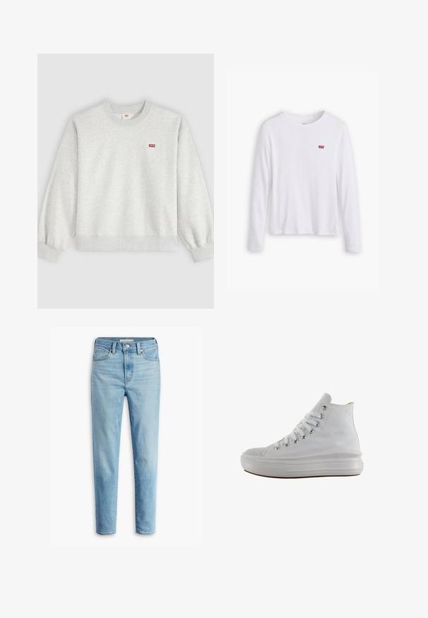 Lichtgrijze crewneck-sweatshirt met lange mouwen en een klein rood Levi's-logo op de linkerborst.; Witte lange mouwen shirt van zachte katoen. Bevat een klein rood Levi's logo op de linkerborst. Klassiek ronde hals ontwerp.; Lichtblauwe hoge taille spijkerbroek met voorzakken, riemlussen, knoopsluiting en taps toelopende broekspijpen op een witte achtergrond.; Witte hoge canvas sneaker met witte veters, metalen oogjes, dikke rubberen zool en gestructureerde neuskap, naar links gericht op een witte achtergrond.