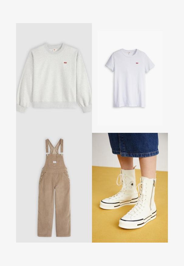 Svetlosivá mikina s okrúhlym výstrihom, dlhými rukávmi a malým červeným logom Levi's na ľavej strane hrude.; Biela bavlnená tričko s krátkymi rukávmi a okrúhlym výstrihom. Na ľavej strane hrude sa nachádza malé červené logo Levi's.; Béžové jemne kordové traky s nastaviteľnými popruhmi, bočnými gombíkmi a dvoma prednými vreckami. Mäkká textúra s voľným strihom.; Biele vysoké tenisky s zipsovým uzáverom, šnurovací dizajn a čierne prúžky na hrubej podrážke. Textúrovaný plátený materiál.