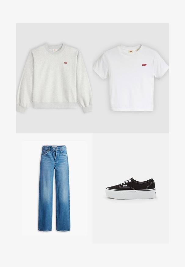 Helehall halli töökaelusega dressipluus pikkade varrukatega ja väike punane Levi's logo vasakul rinnal.; Valge lühikeste varrukatega ümara kaelusega T-särk, vasakul rinnal väike punane Levi's'i logo.; Tumesinised teksapüksid kõrge vöökoha, laia jala disaini ja viie taskuga. Omab nööpidega sulgemist ja pleekinud viimistlust.; Must musta tennis jalanõud valge kummi platvormi tallaga, valgete paelte ja õmblustega, ikoonilise kaubamärgiga küljes, madala lõikega disain.