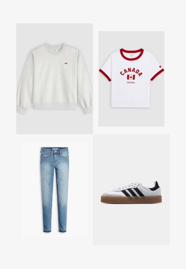Lysegrå crewneck-sweatshirt med lange ærmer og et lille rødt Levi's-logo på venstre bryst.; Hvid kortærmet skjorte med rød kant, "CANADA" tekst, canadisk flag og "Levi Strauss California" logo foran.; Lyseblå denim jeans med slim fit, fem-lommes design, kontrastsyet og let slidte kanter ved anklerne.; Hvide lædersneakers med sorte striber, gummirubber sål, rund tå, snørelukning og blød grå ruskinds tåhætte.