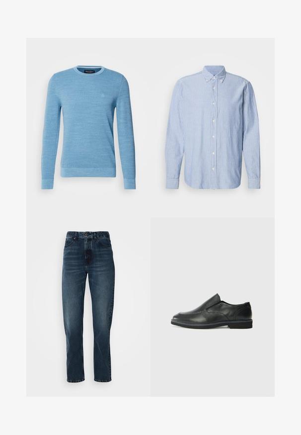 Lysblå strikket sweater med rund halsudskæring, lange ærmer og ribbede manchetter. Har et diskret logo på brystet. Blød tekstur.; Lys blå skjorte med hvide striber, som har en klassisk krave og lange ærmer. Fremstillet af vævet stof med en glat tekstur.; Mørkeblå lige bukser med frontknap og lynlås, fem-lomme design og subtil fading på lår og knæ.; Sorte læder slip-on sko med en glat overdel, syede detaljer, rund tå og en lav gummihæl. Sålen har minimal profil.
