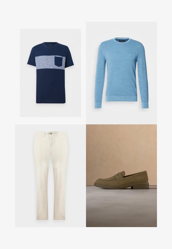 Pull en tricot bleu clair à col rond, avec des manches longues et des poignets côtelés. Présente un logo subtil sur la poitrine. Texture douce.; T-shirt homme bleu marine à manches courtes avec une bande horizontale rayée bleu clair et blanc sur la poitrine et une poche poitrine unie bleu marine.; Pantalon beige décontracté avec poches avant, fermeture éclair et taille à cordon, coupe droite, présenté sur un fond uni.; Mocassin en daim marron flottant au-dessus d'un tapis beige texturé dans un salon avec une table basse en bois et des livres empilés.
