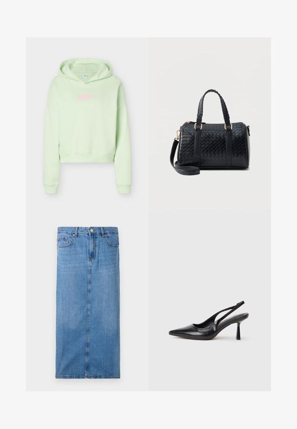 Lichtgroene cropped hoodie met lange mouwen en capuchon, met het woord "GAP" in roze letters op het voorste midden.; Denim midi rok in lichtblauw, met een rechte silhouet, zijnaad, en standaard taille met vijf riemlussen en een metalen knoopsluiting.; Zwarte leren slingback hoge hak schoenen met puntige neus en slanke hak op een witte achtergrond.; Zwarte leren handtas met geweven patroon, twee korte handvatten en een afneembare lange riem, geplaatst tegen een effen lichte achtergrond.