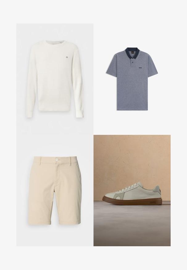 Suéter blanco de punto texturizado con cuello redondo, mangas largas y pequeño logo bordado en el pecho izquierdo.; Polo de manga corta gris con cuello azul marino, tapeta de dos botones, rayas blancas en el cuello y logo "BOSS" en el pecho.; Bermudas de algodón beige con frente plano, cierre de botón y presillas para cinturón. Presenta bolsillos y un diseño de pierna recta. Textura suave.; La zapatilla presenta una parte superior de cuero crema, costuras claras y una suela de goma marrón. Tiene una puntera redondeada y un diseño clásico de cordones.