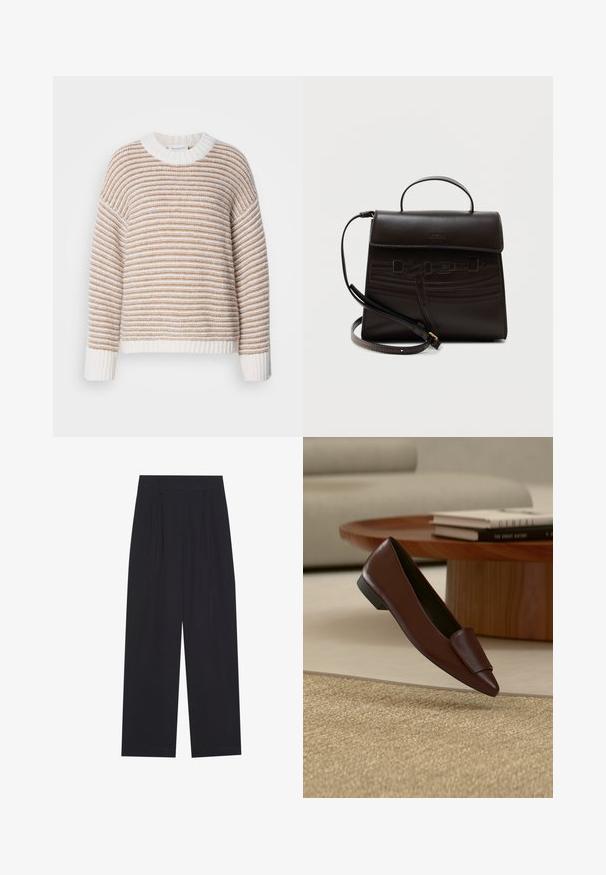 Suéter a rayas crema y marrón con un cuello redondo acanalado y puños acanalados. Textura de punto con mangas largas de corte holgado.; Pantalones anchos negros de tela suave, con pliegues, cinturilla plana y sin bolsillos ni adornos visibles.; Zapato plano marrón oscuro de cuero sin cordones suspendido sobre una alfombra beige texturizada, con una mesa de café de madera y libros apilados al fondo.; Bolso de cuero marrón oscuro con asa superior, solapa frontal, cinturones decorativos cosidos y correa de hombro ajustable sobre fondo liso.