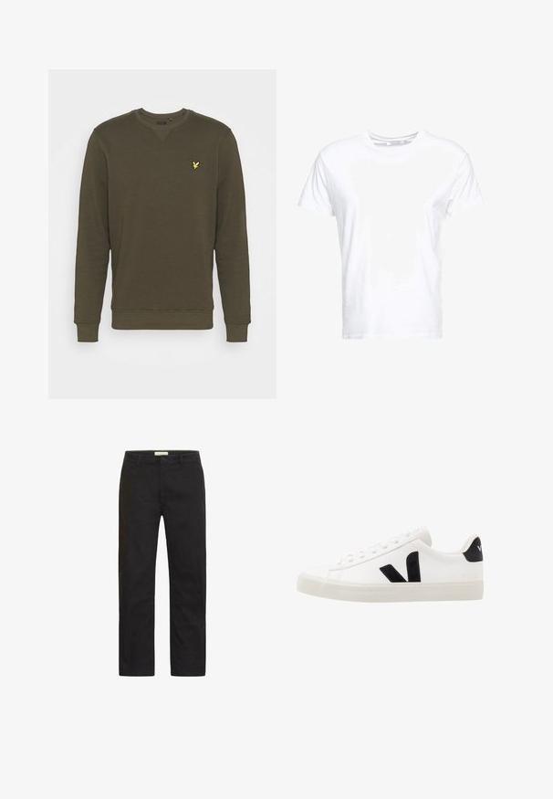 Sweatshirt vert olive, col rond, manches longues, poignets et ourlet côtelés, avec un petit logo jaune sur la poitrine gauche. Matière douce en mélange de coton.; T-shirt en coton blanc avec un col rond et des manches courtes, au fit classique et à la texture lisse. Aucun motif ni accessoire visible.; Chinos noirs en tissu coton lisse, design à jambes droites, poches avant et fermeture à un bouton. Pas de motifs ou d'accents visibles.; Sneaker blanche en cuir avec des accents en daim noir ; dispose d'une semelle en caoutchouc, d'un bout rond et d'un design classique à lacets. Logo latéral en noir.
