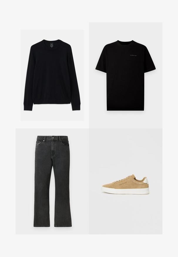 Sort langærmet sweater med rund hals, ribbede ærmer og kant. Lavet af blødt stof med en glat tekstur, uden mønstre eller detaljer.; Sort bomulds t-shirt med korte ærmer og rund halsudskæring. Har et lille logo "Last Resort AB" broderet i en lys farve på brystet.; Sorte denim jeans med lige ben, med en mellem taljehøjde, fem lommer og knaplukning. Diskret falmet tekstur over det hele.; Beige ruskinds sneakers med en hvid gummisål, rund tå, flade snørebånd og et diskret logo på siden. Glat tekstur og minimalistisk design.
