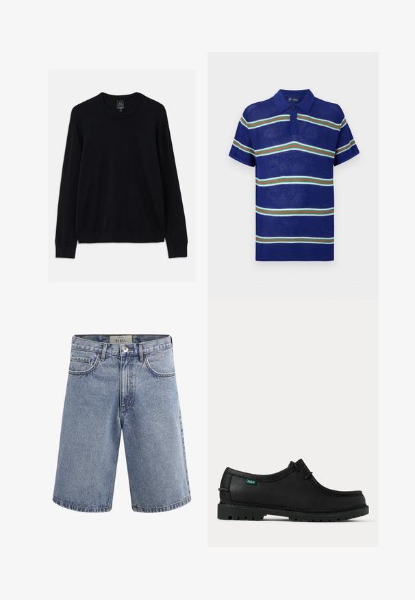 Schwarzer Pullover mit langen Ärmeln, rundem Ausschnitt, gerippten Bündchen und Saum. Hergestellt aus weichem Stoff mit glatter Textur, ohne Muster oder Akzente.; Blaues gestricktes Poloshirt mit kurzen Ärmeln, das horizontale Streifen in Weiß, Grün und Rot sowie eine Knopfleiste mit drei Knöpfen aufweist.; Hellblaue Jeansshorts mit Fronttaschen, Gürtelschlaufen, Knopfverschluss und einem Etikett im Taillenbund mit der Aufschrift "REBEL".; Schwarzer Leder-Schnürschuh für den Alltag mit dicker profillierter Sohle und kleinem grünem "Polo" Etikett an der Seite nahe der Ferse.