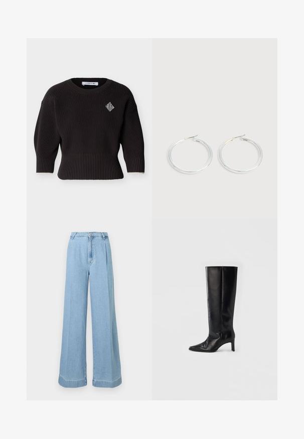 Pull en maille côtelée noire avec manches trois-quarts, col rond et petit logo blanc en forme de losange sur la poitrine gauche.; Jeans en denim bleu clair à jambe large, avec une taille haute, des plis à l'avant et un ourlet brut pour un look décontracté.; Bottes noires montantes en cuir lisse, avec un bout pointu et un talon fin, une tige ajustée et un design minimaliste.; Paire de boucles d'oreilles créoles argentées brillantes avec fermoirs en fil fin, présentée sur un fond gris clair.