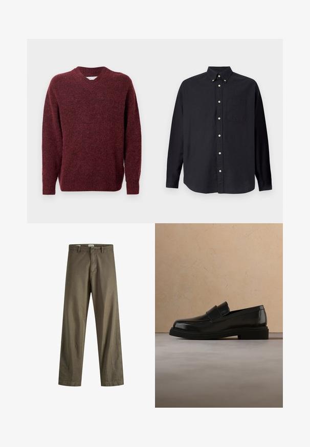 Pull en laine bordeaux avec un col en V, des manches longues et des bords côtes aux poignets et à l'ourlet. Texture douce et coupe décontractée, idéale pour le superposition.; Chemise noire à manches longues en coton. Elle possède un col boutonné, une poche avant et une patte de boutonnage complète avec des boutons de couleur claire.; Pantalon en coton vert olive avec jambes droites, doté d'une fermeture éclair, d'un bouton et de poches latérales. Texture lisse et détails minimalistes.; Mocassin en cuir noir flottant au-dessus d'un tapis beige texturé, avec une table basse ronde en bois et des livres en arrière-plan.