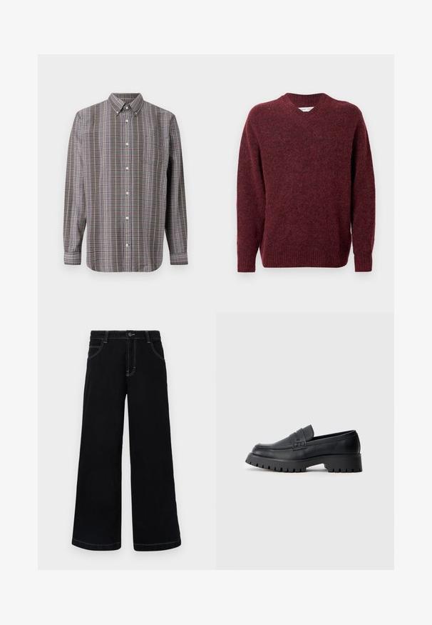 Pull en laine bordeaux avec un col en V, des manches longues et des bords côtes aux poignets et à l'ourlet. Texture douce et coupe décontractée, idéale pour le superposition.; Chemise à manches longues à boutons avec un motif écossais marron, blanc, bleu et violet, et une poche avant sur fond blanc.; Pantalons larges noirs en denim, dotés d'une fermeture à boutons, de cinq poches et de coutures blanches contrastantes le long des coutures.; Mocassins en cuir noir avec un bout arrondi, présentant une sangle décorative et une semelle en caoutchouc épaisse avec de profonds crampons pour une meilleure adhérence.