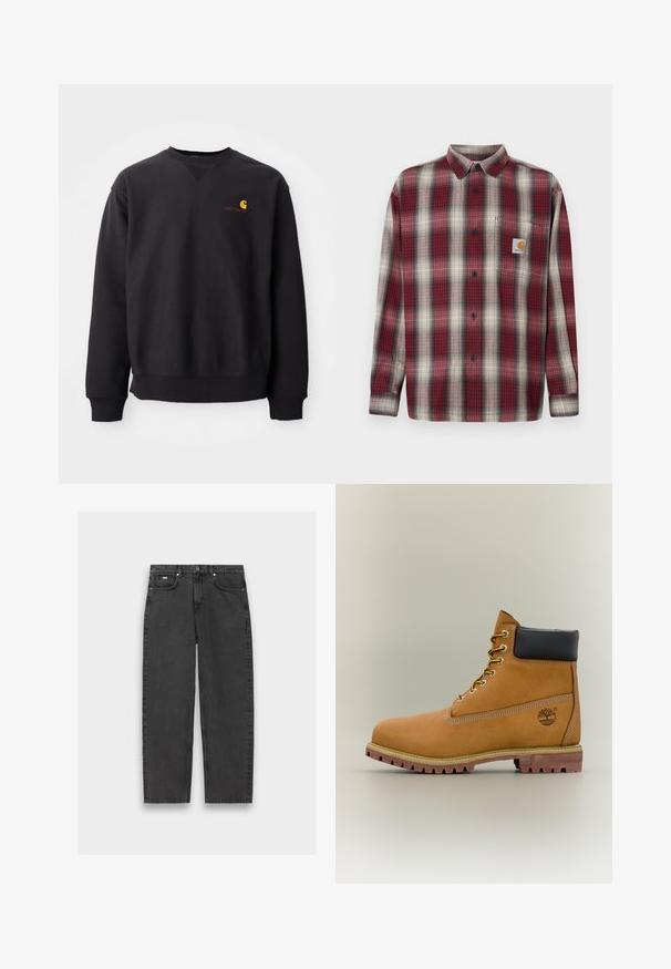 Sweatshirt noir avec un col rond, des manches longues et des poignets côtelés. Présente un logo jaune et rouge sur la poitrine gauche. Matière en coton doux.; Chemise en flanelle à carreaux rouge et gris avec un col boutonné, des manches longues et une poche poitrine arborant une étiquette logo. Texture tissée.; Jeans noirs à jambe droite avec cinq poches, fermeture à bouton et coutures visibles, posés à plat sur un fond neutre.; Bottine en cuir marron avec col noir, lacets jaunes et semelle beige. Présente un logo et des détails de couture blanche. Semelle extérieure à traction robuste.