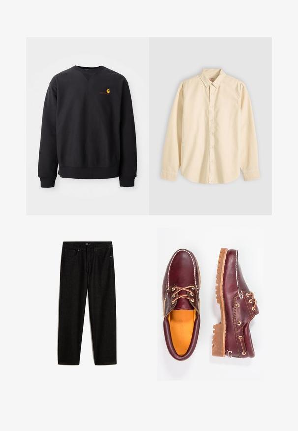 Sweatshirt noir avec un col rond, des manches longues et des poignets côtelés. Présente un logo jaune et rouge sur la poitrine gauche. Matière en coton doux.; Chemise beige à manches longues avec col et boutons, présentée à plat avec les boutons fermés et les poignets boutonnés sur un fond clair.; Vans Jean boyfriend - black; Chaussures en cuir bourgogne avec semelles en caoutchouc marron, bout rond, couture blanche et œillets dorés. L'intérieur présente une doublure jaune.
