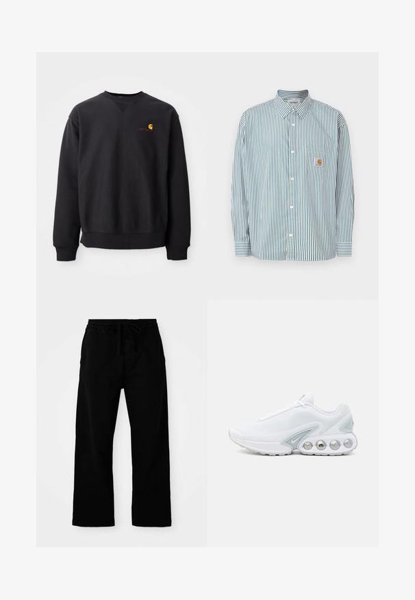Schwarzer Pullover mit Rundhalsausschnitt, langen Ärmeln und gerippten Bündchen. Mit einem gelben und roten Logo auf der linken Brust. Weiches Baumwollmaterial.; Gestreiftes Hemd in Grün und Weiß, mit Button-Down-Kragen, langen Ärmeln, Brusttasche und einem kleinen Logolabel.; Schwarze, elastische Hosen mit verstellbarem Kordelzug, weitem Bein und glatter Baumwollstruktur. Keine sichtbaren Muster oder Hardware-Details.; Weißer Mesh-Sneaker mit grauen Akzenten, runder Zehenpartie und sichtbarem, gepolstertem Schuhsohlenbereich mit runden Luftpolstern und Markenlogo.