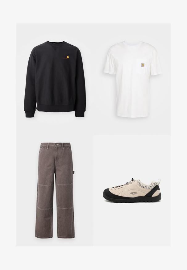 Zwarte sweatshirt met ronde hals, lange mouwen en geribbelde manchetten. Bevat een geel en rood logo op de linkerborst. Gemaakt van zacht katoen.; Witte katoenen t-shirt met korte mouwen, een borstzak en een klein vierkant logo-opdruk in oranje en wit op de zak.; Wijd been broek in een vervaagde bruine kleur, gemaakt van duurzaam materiaal met contrasterende stiksels. Kenmerkt paneeldetails en een zijzak.; Beige suède schoen met zwarte rubberen neuzen en zool, voorzien van een vetersluiting en ademende mesh accenten op de hiel.