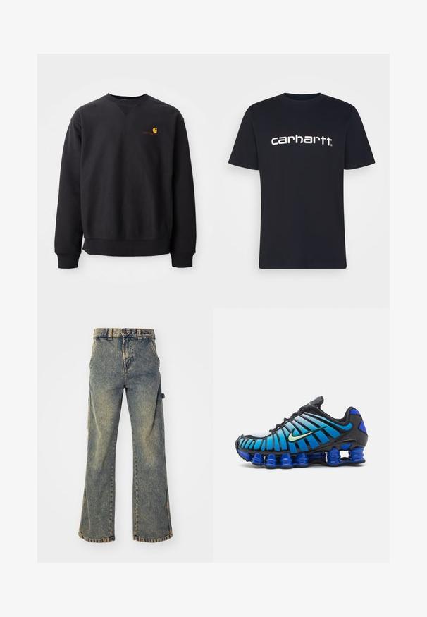 Sudadera negra con cuello redondo, mangas largas y puños acanalados. Presenta un logo amarillo y rojo en el lado izquierdo del pecho. Material de algodón suave.; Camiseta de algodón negra con mangas cortas y cuello redondo; presenta el logo blanco "carhartt" impreso en el pecho. Textura suave, diseño simple.; Jeans de mezclilla de pierna ancha y cintura alta en un tono azul desgastado, con cinco bolsillos, lazos para cinturón y un dobladillo sin terminar con detalles de costura visibles.; Nike Sportswear SHOX TL - Zapatillas - black/vapor green/racer blue