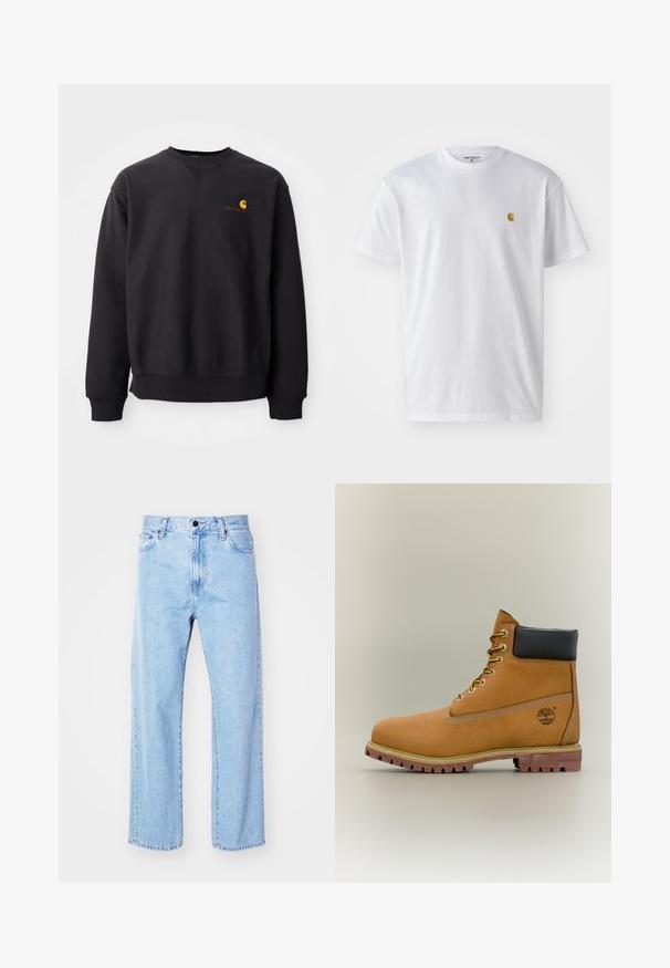 Sort sweatshirt med rund halsudskæring, lange ærmer og ribbede manchetter. Har et gult og rødt logo på venstre bryst. Lækkert bomuldsstof.; Hvid bomulds t-shirt med korte ærmer, rund hals og et lille guld logo på venstre brystområde. Blød tekstur og almindelig pasform.; Lysblå denim jeans med lige ben, høj talje, femlommesystem og klassisk knap- og lynlås-lukning.; Brun læderankelstøvle med sort krave, gule snørebånd og tanfarvet sål. Har logo og hvide syninger som detalje. Robust ydersål med greb.