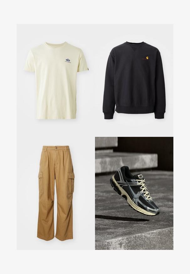 Schwarzer Pullover mit Rundhalsausschnitt, langen Ärmeln und gerippten Bündchen. Mit einem gelben und roten Logo auf der linken Brust. Weiches Baumwollmaterial.; Beiges T-Shirt mit kurzen Ärmeln und Rundhalsausschnitt mit kleinem blauem Alpha Industries-Logo auf der oberen linken Brust.; Beige Cargo-Hosen mit geradem Beinschnitt, ausgestattet mit zwei Seitentaschen und einem Knopfverschluss. Hergestellt aus einem weichen, strapazierfähigen Stoff.; Schwarz-grauer Nike-Laufschuh mit cremefarbenen Schnürsenkeln, der über einer strukturierten Betonoberfläche schwebt.
