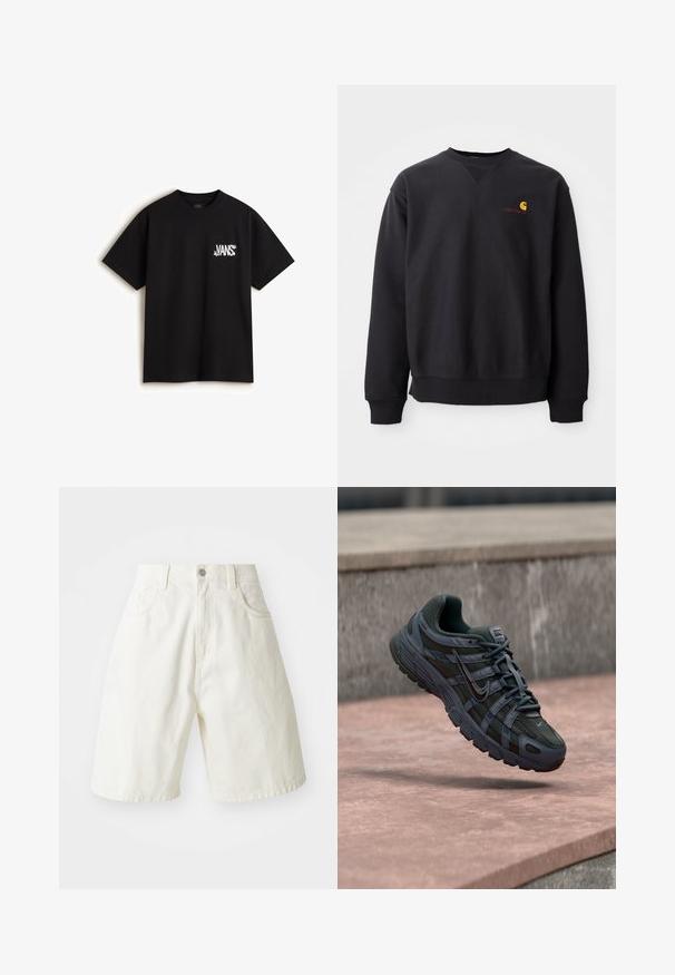 Sort sweatshirt med rund halsudskæring, lange ærmer og ribbede manchetter. Har et gult og rødt logo på venstre bryst. Lækkert bomuldsstof.; Vans CHAOS - T-shirts print - black; Hvide denimshorts med en afslappet pasform, der har en talje, fem lommer og lige ben. Stoffet har en let tekstur.; Mørkegrå Nike løbesko med mesh og syntetisk design, svævende over en lyserød betonoverflade med en grå stens baggrund.
