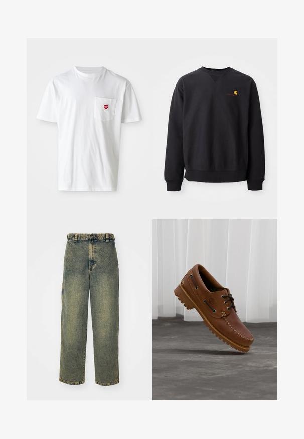 Schwarzer Pullover mit Rundhalsausschnitt, langen Ärmeln und gerippten Bündchen. Mit einem gelben und roten Logo auf der linken Brust. Weiches Baumwollmaterial.; Weißes Baumwoll-T-Shirt mit rundem Halsausschnitt und kurzen Ärmeln. Verfügt über ein kleines rotes Herzlogo auf der linken Brusttasche.; Baggy-Jeans aus Denim in einer verblassten Blauen und Grünen Waschung. Mit Knopfverschluss, Gürtelschlaufen und Seitentaschen. Flaches Vorderteil und gerades Bein-Design.; Brauner Leder-Bootsschuh mit schwarzen Schnürsenkeln, beigen Nähten und einer robusten Sohle, schwebt über einem grauen Betonboden.