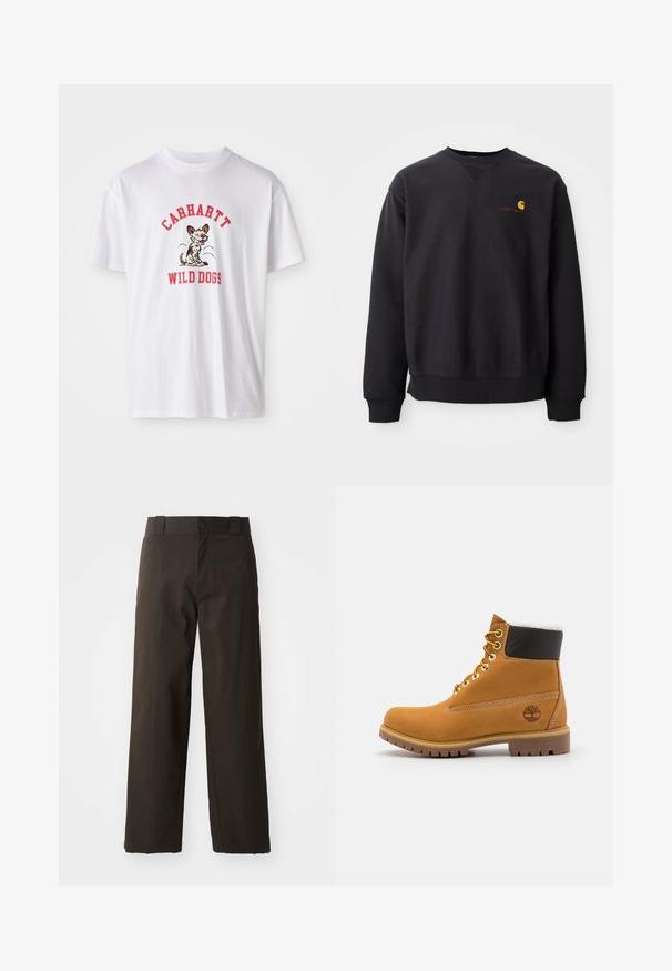 Sort sweatshirt med rund halsudskæring, lange ærmer og ribbede manchetter. Har et gult og rødt logo på venstre bryst. Lækkert bomuldsstof.; Hvid bomulds t-shirt med røde broderede tekst "CARHARTT WILD DOGS" og en tegneseriehund grafik foran. Korte ærmer, rund halsudskæring.; Sorte bomuldsbukser med et lige ben-design, der har en knaplukning og et klassisk taljehåndter. Glat tekstur, ingen mønstre eller accenter.; Brune læder ankelstøvle med metaløjer, hvid pelsforing, sort polstret krave, robust sål og præget logo på siden.
