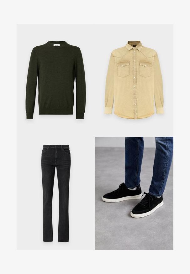 Tummanvihreä villasekoitesvetari, jossa on teksturoitu pinta, pyöreä kaula-aukko ja pitkät hihat, sekä ribbireunukset hihoissa ja helmassa.; Vaaleanbeige denim-paita pitkillä hihoilla, teräväkauluksella, kahdella rintataskulla ja hopeisilla painonapeilla. Paidassa on kaareva helma ja tikatut yksityiskohdat.; Mustat farkut suoranlahkeisella leikkauksella, joissa on etutaskut ja nappikiinnitys. Sileä pinta ja hienovarainen haalistuminen.; Mustat mokkakengät, joissa on valkoinen kumipohja, klassinen matala muotoilu, pyöreä kärki ja litteät mustat nauhat.