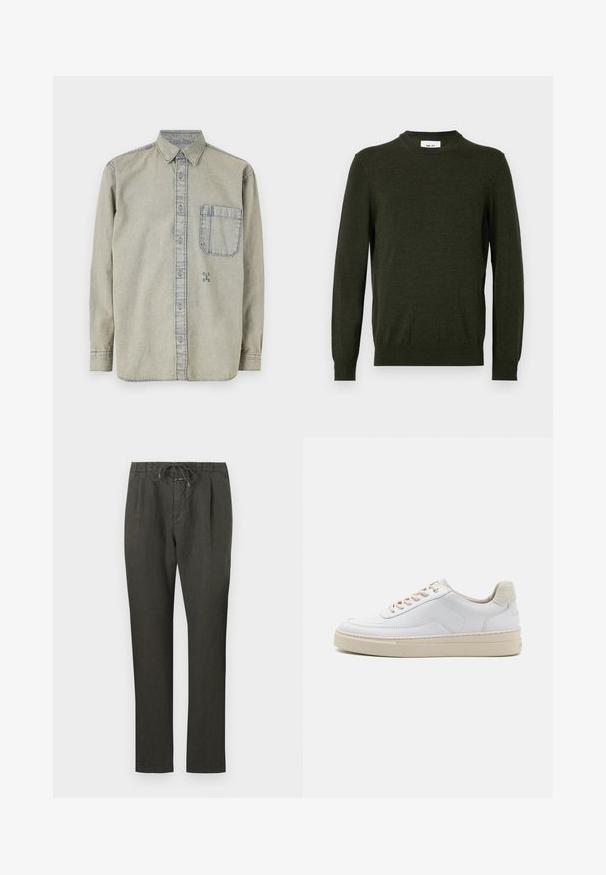 Suéter verde oscuro hecho de una mezcla de lana texturizada, con cuello redondo y mangas largas, y con puños y dobladillo acanalados.; Camisa de mezclilla gris claro con cuello abotonado, mangas largas, un bolsillo en el pecho y un pequeño logotipo bordado en la parte inferior izquierda.; Pantalones de lino gris oscuro con cintura elástica. Diseño de pierna recta, tela ligera, detalles mínimos y textura suave.; Zapatilla blanca con parte superior de cuero suave, cordones beige y un tirador de talón de ante beige texturizado. Suela elevada para mayor altura.
