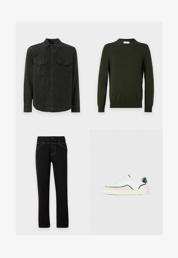 Mørkegrøn sweater lavet af en tekstureret uldblanding, med rund hals og lange ærmer, samt ribbede manchetter og kant.; Mørkegrøn skjorte med knapper lavet af blødt stof, med krave, to brystlommer, lange ærmer og lige kant.; Sorte denim jeans med lige pasform, prydet med gule syninger, fem lommer og en frontlukning med knap. Glat tekstur og minimalistisk design.; Hvide lavtop sneakers med grønne detaljer, beige ruskind og en cremefarvet sål med en rilllet bund.