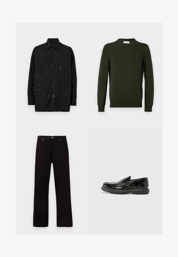 Mørkegrøn sweater lavet af en tekstureret uldblanding, med rund hals og lange ærmer, samt ribbede manchetter og kant.; Sort langærmet skjorte lavet af bomuld, med en knaplukning fortil, brystlomme og sprøjtede mønstre i lyseblå og hvid.; Sorte jeans med lige ben, fem lommer og sølvfarvet knaplukning, lagt fladt på en hvid baggrund.; Sort læderloafer med en blank finish, rund tå, subtile syninger og en tyk gummisål for holdbarhed.