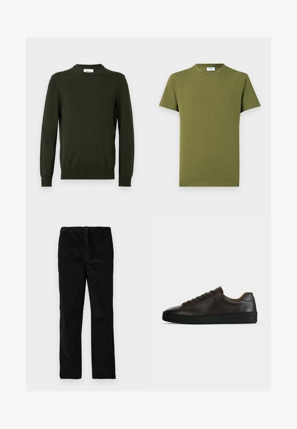 Pull vert foncé en mélange de laine texturée, avec un col rond et des manches longues, doté de poignets et d'un ourlet côtelés.; T-shirt manches courtes de couleur vert olive, fabriqué en tissu doux et lisse. Col rond classique, lignes épurées, sans motifs ni accents visibles.; Pantalons en velours noirs à jambes droites avec une taille élastique et un cordon de serrage à l'avant, présentés sur un fond blanc uni.; Baskets basses en cuir marron foncé avec semelle en caoutchouc noire, lacets à l'avant et design minimaliste épuré sur fond clair.