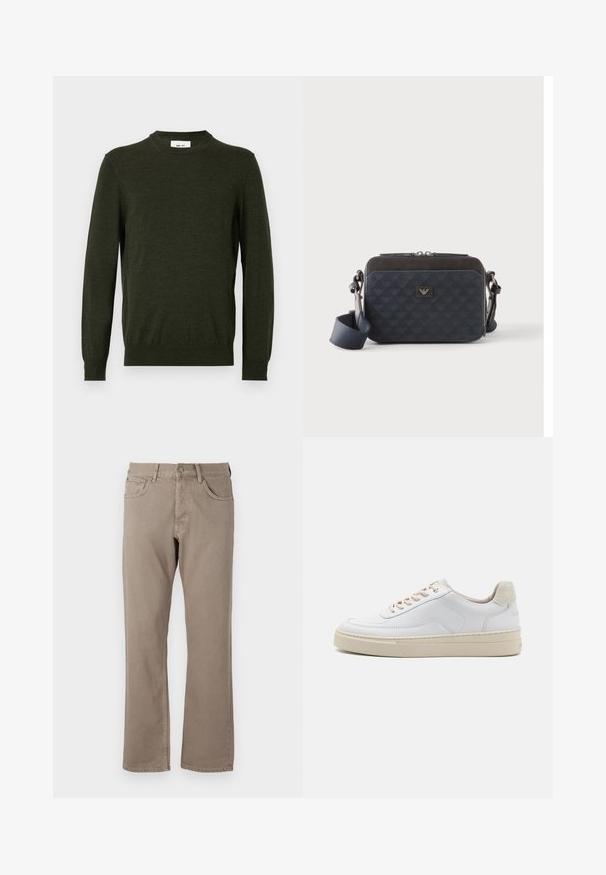 Donkergroene trui van een gestructureerde wolmix, met een ronde hals en lange mouwen, voorzien van ribbels aan de manchetten en onderkant.; Beige straight-leg jeans van katoen, met vijf zakken, een knoop- en ritssluiting, en zichtbare stiksels langs de naden.; Witte sneaker met een gevoerd leren bovenwerk, beige veters en een gestructureerde beige suede hieltab. Verhoogde zool voor extra hoogte.; Rechthoekige donkerblauwe crossbodytas met verstelbare riem, ritssluiting en subtiel logopatroon op het voorpaneel.