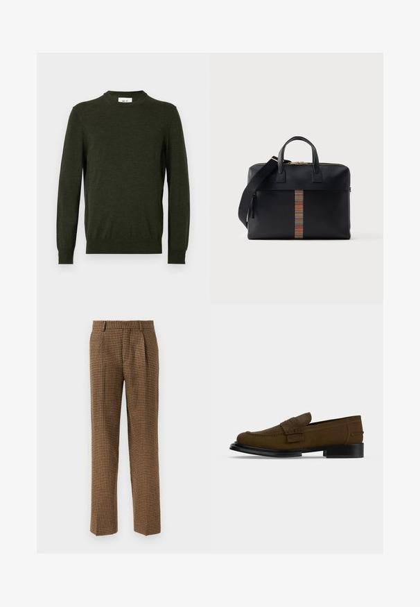 Mørkegrøn sweater lavet af en tekstureret uldblanding, med rund hals og lange ærmer, samt ribbede manchetter og kant.; Brune ternede bukser med løs pasform, der har folder foran, et glat tekstureret stof og et lige ben design.; Brun læder penny loafer med sort sål og lav hæl, med mokkasinstikning og en dekorativ rem på toppen.; Sort lædermappe med dobbelthåndtag, aftagelig skulderrem og lodret flerfarvet stribet accent midt på fronten.