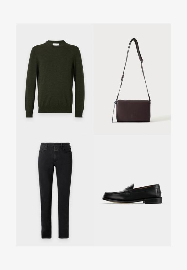 Pull vert foncé en mélange de laine texturée, avec un col rond et des manches longues, doté de poignets et d'un ourlet côtelés.; Jean slim noir avec cinq poches, fermeture par bouton et passants de ceinture posés à plat sur un fond clair.; Mocassin homme en cuir noir avec un petit talon et une couture de style mocassin sur l'avant, vu de côté sur un fond uni.; Sac bandoulière en cuir marron foncé texturé avec une sangle réglable et un petit accent décoratif bleu sur le côté.