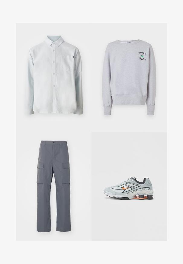 Lichtgrijze sweater met geribde boorden en zoom, met kleine zwarte tekst "Service Works" en een groen-roze bloemenafbeelding op de borst.; New Balance OXFORD - Overhemd - blue; Grijze cargobroek van duurzaam materiaal. Kenmerken zijn een elastische tailleband, twee grote zijzakken en een rechte pijp.; Lichtgrijze hardloopschoen met zwarte accenten, oranje logo, bovenwerk van mesh, gevoerde kraag en rubberen zool met zichtbare schokabsorberende elementen.