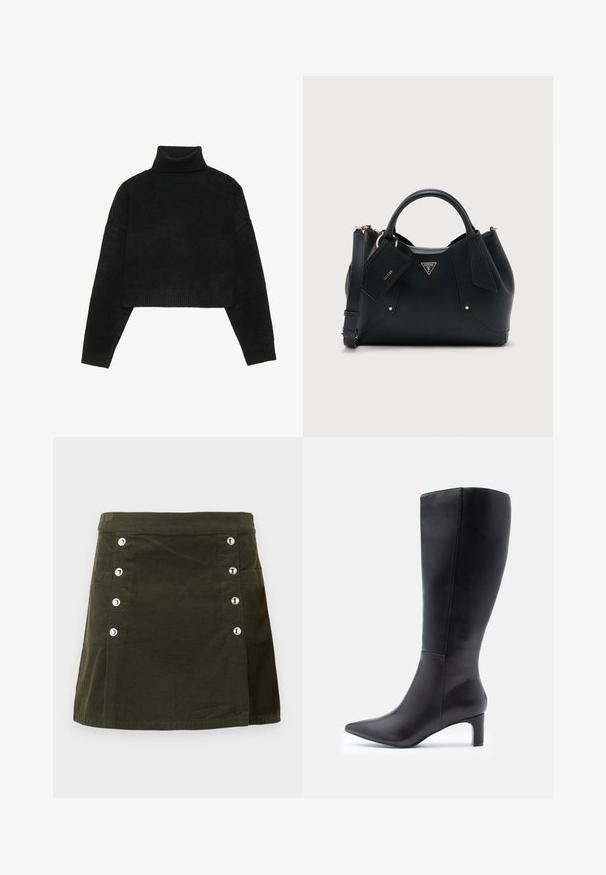 Sort cropped sweater med ribbet høj hals og manchetter, der har en glat tekstur og afslappet pasform. Simple, minimalistisk design.; Olivenfarvet kordfløjlsskyder med fem sølvfarvede knapper fortil og en sidelomme, med en lige snit og subtil tekstur.; Sorte læderknæhøje støvler med spidse tåer, der har et elegant design og en lille blokhæl. Glat tekstur med minimale detaljer.; Sort tekstureret læderhåndtaske med dobbelthåndtag, aftagelig skulderrem og fastgjort Guess-logo på fronten.