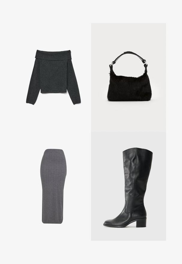 Mørkegrå af-shoulder sweater med lange ærmer, ribbet halsudskæring og struktureret strikket stof. Kort design.; Grå blyantskirt lavet af struktureret stof, med en tætsiddende silhuet, høj talje og knælangt design. Glat finish uden synlige detaljer.; Sort læderknæhøj støvle med rund tå, lav blokhæl og sømdetaljer på skaftet. Glat struktur, minimalistisk design.; Sort faux fur håndtaske med en blød tekstur, rund form og en robust skulderrem i sort læder. Synlige sølvhardware-detaljer.