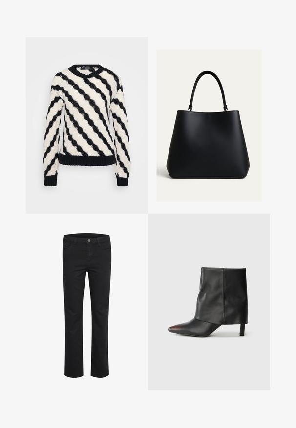 Pull en tricot noir et blanc à rayures ondulées diagonales, avec des poignets et un ourlet côtelés, ainsi qu'un col ras du cou, présenté sur un fond uni.; Pantalon en denim noir avec une coupe droite, doté de deux poches avant et d'un seul bouton en métal à la taille. Texture lisse.; Bottine noire en cuir lisse avec un bout pointu et un talon effilé. La tige présente un design légèrement froncé.; Sac à main en cuir noir avec une forme trapézoïdale arrondie et une seule anse arquée pour l'épaule, présenté sur un fond uni clair.