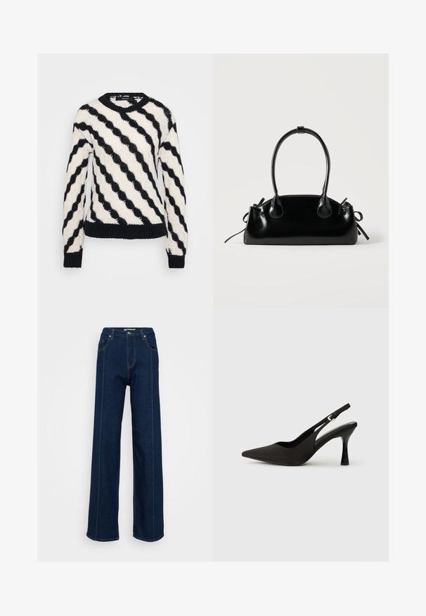 Schwarz-weißer gestrickter Pullover mit diagonalen wellenförmigen Streifen, gerippten Bündchen, Saum und Rundhalsausschnitt, auf einem schlichten Hintergrund präsentiert.; Dunkelblaue High-Waist weit geschnittene Jeans mit vorderen Taschen, Gürtelschlaufen und kontrastierenden Nähten auf einem schlichten hellen Hintergrund.; Schwarze Slingback-Absatzschuhe mit spitzem Zehenbereich, glattem, mattem Finish und schmalem, glanzvollem Absatz. Verstellbarer Riemen mit kleiner Schnallen-Detail.; Kleine schwarze glänzende Handtasche mit zwei langen Griffen und seitlichen Kordelzug-Details vor einfachem hellem Hintergrund.