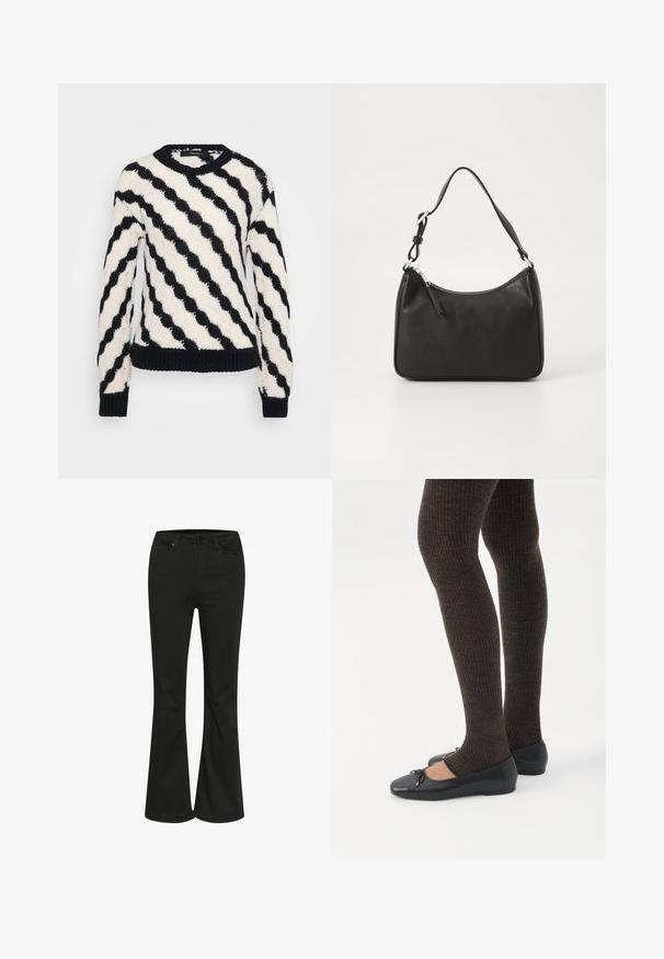 Pull en tricot noir et blanc à rayures ondulées diagonales, avec des poignets et un ourlet côtelés, ainsi qu'un col ras du cou, présenté sur un fond uni.; Jean évasé noir avec une texture lisse, présentant un design classique à cinq poches et une fermeture à bouton métallique. Confectionné pour une taille ajustée.; Jambes portant des leggings côtelés foncés associés à des ballerines noires avec de petits détails en nœud sur fond blanc.; Sac à main en cuir noir avec une forme courbée, une seule sangle, fermeture éclair et un logo discret à l'avant. Texture lisse, design minimaliste.