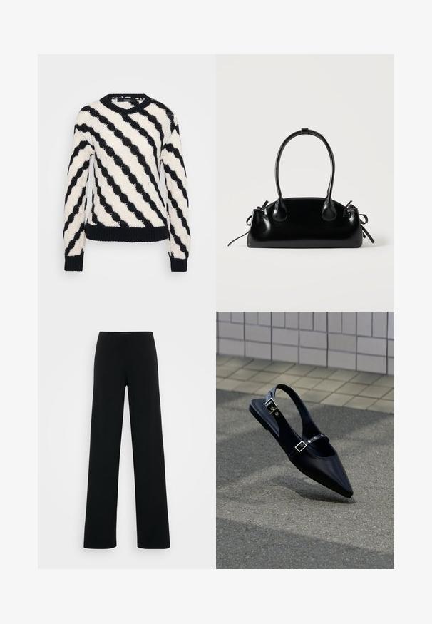 Sort og hvid strikket sweater med diagonale bølgede striber, ribbede manchetter, kant og rund halsudskæring, vist på en ensfarvet baggrund.; Vero Moda Tall VMBERLIN ZAMIRA WIDE - Bukser - black; Sort flad slingback med spids tå og dobbelte spænder, hvilende på grå asfalt nær flisevæg.; Lille sort blank håndtaske med to lange håndtag og snøre-detaljer i siden på en ensfarvet lys baggrund.