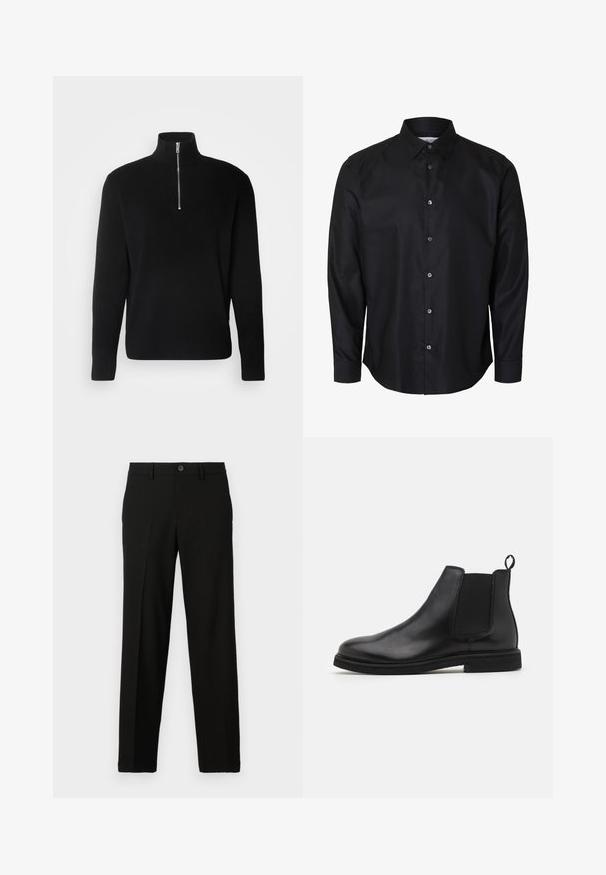Lindbergh HALF ZIP RIB KNIT - Strickpullover - black; Schwarzes Herrenhemd mit langen Ärmeln, klassischem Kragen und sieben Knöpfen vorne, abgebildet auf weißem Hintergrund.; Schwarze Hose aus glattem Stoff, mit geradem Schnitt, einem Knopfverschluss an der Taille und ohne sichtbare Muster oder Akzente.; Schwarze Leder Chelsea-Stiefel mit elastischen Seitenpanelen und einem Zugtab. Gerundete Zehenpartie und flache Gummisohle, die eine glatte Oberfläche zeigt.