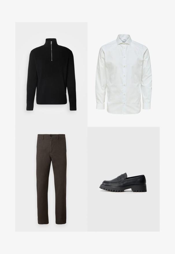 Lindbergh HALF ZIP RIB KNIT - Neule - black; Valkoinen pitkähihainen kauluspaita, jossa napit edessä ja terävä kaulus, esitetty valkoista taustaa vasten.; Ruskeat housut, jotka on valmistettu tekstuurista kankasta, suoranlahkeinen malli, yksittäinen nappisuljenta ja minimalistinen tyyli.; Musta nahkakengät, joissa on pyöreä kärki, koristeellinen nauha ja paksu kumipohja, jossa on syvät urat pidon parantamiseksi.