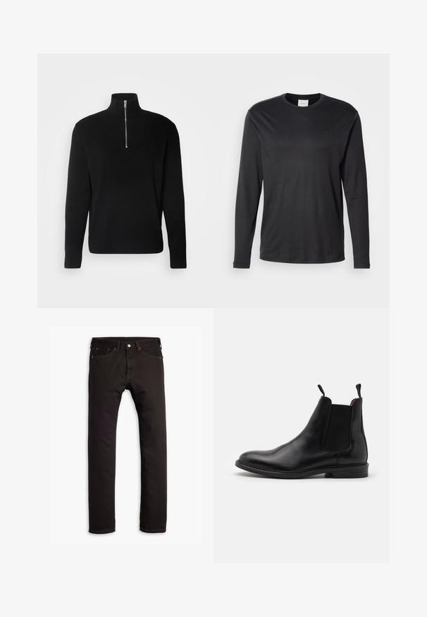 Lindbergh HALF ZIP RIB KNIT - Trui - black; Zwarte longsleeve crewneck shirt van Calvin Klein met klein CK-logo op de linkerborst, weergegeven op een witte achtergrond.; Zwarte slim-fit jeans met vijf zakken en knoopsluiting, plat weergegeven op een witte achtergrond.; Zwarte leren Chelsea boot met elastische zijpanelen, ronde neuzen, aantreklussen en een lage gestapelde hak. Glad materiaal en klassiek ontwerp.