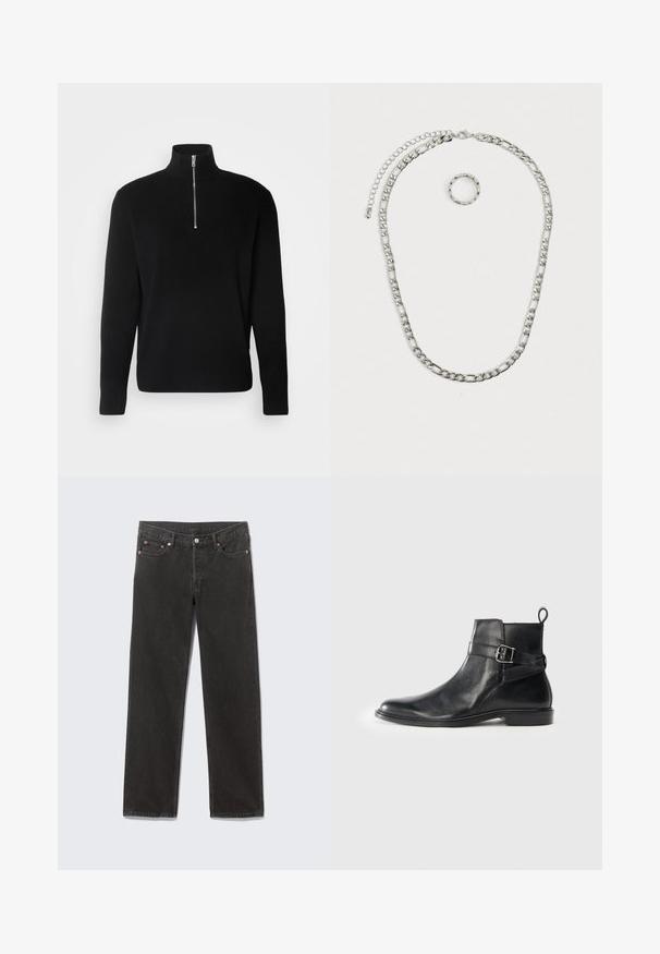 Lindbergh HALF ZIP RIB KNIT - Trui - black; Zwarte denim jeans met rechte pijpen, voorzakken, riemlussen en knoopsluiting, plat gelegd op een grijze achtergrond.; Zwarte leren enkellaarsjes met een ronde neus, zijgespeldetail en een lipje op de hak. Platte zool met een subtiele glansafwerking.; Zilverkleurige sieradenset met een dikke kettinghalsketting met een kreeftsluitinkje en een bijpassende met textuur ring. Beide stukken zijn glanzend en metallic.