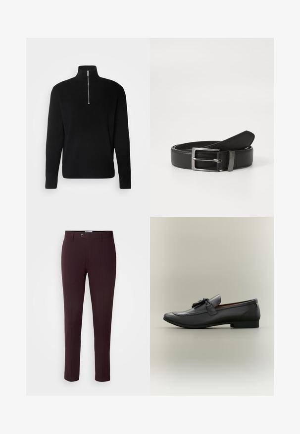 Lindbergh HALF ZIP RIB KNIT - Jersey de punto - black; Pantalones burdeos oscuros de corte slim, con cierre de botón, trabillas para cinturón y pliegues frontales. Tela suave con un diseño elegante.; Moccassines de cuero negro con punta redondeada, borlas decorativas y detalles de costura. Tacón plano con un perfil elegante y textura suave.; Cinturón de cuero negro con hebilla de metal plateada, que presenta un acabado suave y un diseño clásico. El cinturón está neatly doblado.