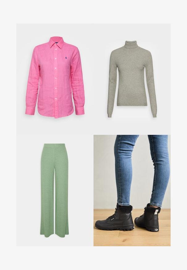 Vero Moda Tall VMHAPPINESS ROLLNECK - Neule - light grey melange; Pitkähihaista, kauluksellista paitaa kirkasta vaaleanpunaista pellavaa, jossa on pieni sininen logo vasemmassa rinnassa ja valkoiset napit edessä.; Vihreät, raidalliset leveälahkeiset housut, joissa on pehmeä tekstuuri ja joustava vyötärö, suoran leikkauksen ja virtaavan siluetin kanssa.; Mustat nilkkurit, joissa on teksturoitu pinta, nauhakiinnitys edessä, karvavuorellinen kaulus ja kestävä pohja. Esitetään yhdessä slim fit -sinisten farkkujen kanssa.