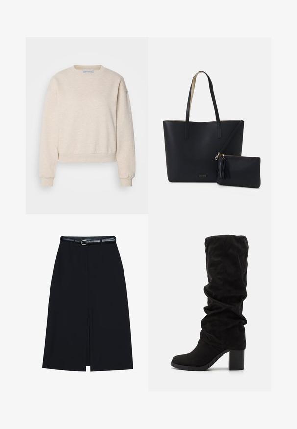 Sweatshirt beige clair en tissu doux, doté d'un col rond, de coutures d'épaule tombantes et de poignets et ourlet côtelés.; Jupe noire à mi-cuisse avec une fente frontale, fabriquée en tissu lisse. Comprend une fine ceinture noire avec une boucle en argent et des passants.; Anna Field by Zalando Bottes - black; Sac fourre-tout noir avec un matériau texturé, deux longues anses et une pochette zippée amovible avec un détail de pompon. Logo de la marque en orvisible.