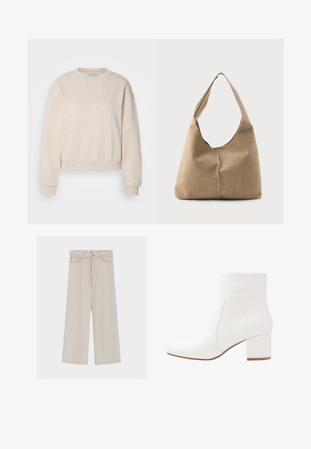 Helle beige Sweatshirt aus weichem Stoff, mit Rundhalsausschnitt, überschnittenen Schultern und gerippten Bündchen sowie Saum.; Beige Hosen mit weitem Bein und hoher Taille, ausgestattet mit einem Kordelzugverschluss, Fronttaschen und kontrastierenden Nähten.; Weiße Knöchelstiefel mit glatter Oberfläche, eckiger Zehenpartie und einem Blockabsatz in mittlerer Höhe. Steppnähte betonen das minimalistische Design.; Hobo-Tasche aus weichem beigen Wildleder mit einer lässigen Form, breitem Schulterriemen und einer handgestickten Nahtdetail entlang der Vorderseite.