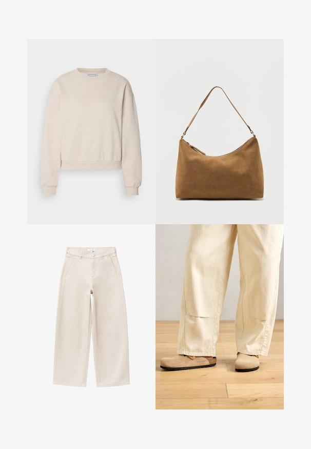Sweatshirt beige clair en tissu doux, doté d'un col rond, de coutures d'épaule tombantes et de poignets et ourlet côtelés.; Pantalon beige à jambes larges avec poches avant, passants pour ceinture et fermeture par bouton, présenté à plat sur un fond blanc.; Pantalons larges beiges portés avec des sabots en suède tan de style Birkenstock sur un sol en bois clair.; Sac à bandoulière en daim marron avec une seule sangle et une fermeture éclair supérieure, présenté sur un fond blanc uni.