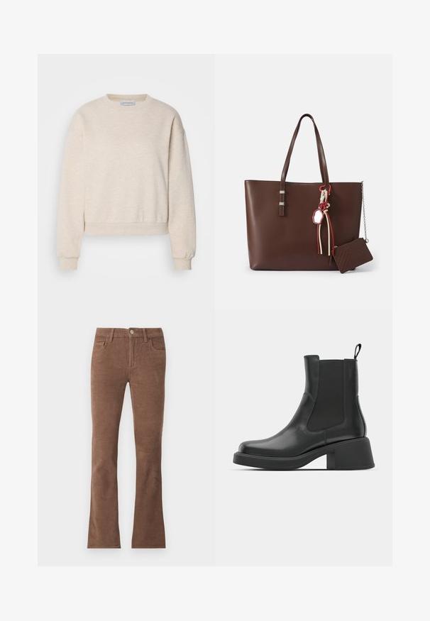 Helle beige Sweatshirt aus weichem Stoff, mit Rundhalsausschnitt, überschnittenen Schultern und gerippten Bündchen sowie Saum.; Braune Cordhosen mit Knopf- und Reißverschluss, Fünf-Taschen-Stil und leicht ausgestellten Beinen.; Schwarze Leder-Stiefeletten mit elastischen Seitenpanelen, abgerundetem Zehenbereich und einem klobigen Blockabsatz. Glatte Textur mit einem minimalistischen Design.; Braune Leder-Shopper-Tasche mit zwei Trägern, silbernen Details, dekorativen Quasten und einem kleinen passenden Reißverschlussgeldbeutel, der befestigt ist.